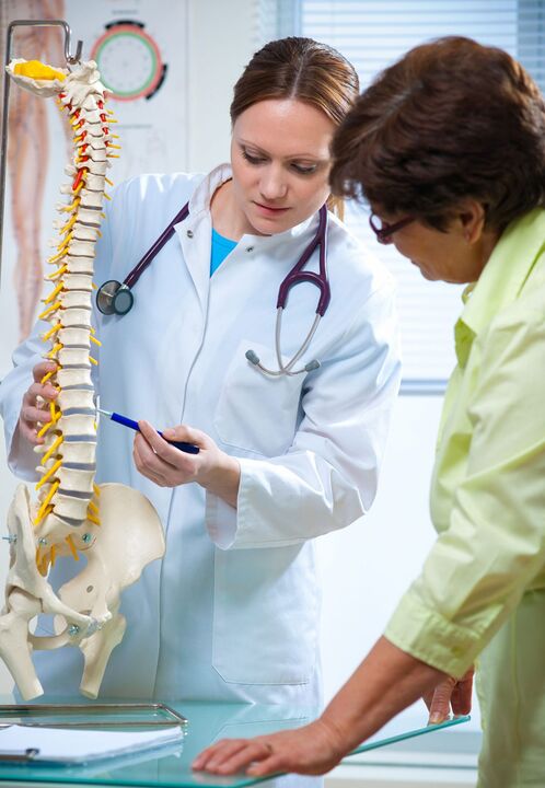 a doctor demonstrates osteochondrosis of the spine on mock-ups